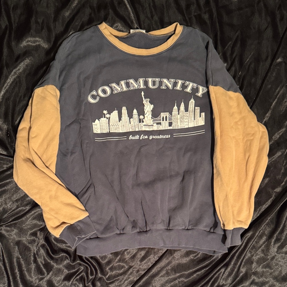 Community Graphic Crew Sweatshirt in Navy and Tan
